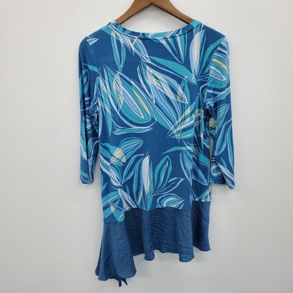 LOGO By Lori Goldstein Womens Satin Hem Tunic Top Size M Blue Printed Asymmetric - Picture 4 of 16
